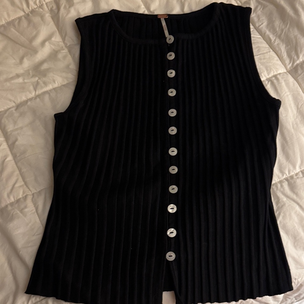 Free People Black Sleeveless Button-Up Ribbed Top